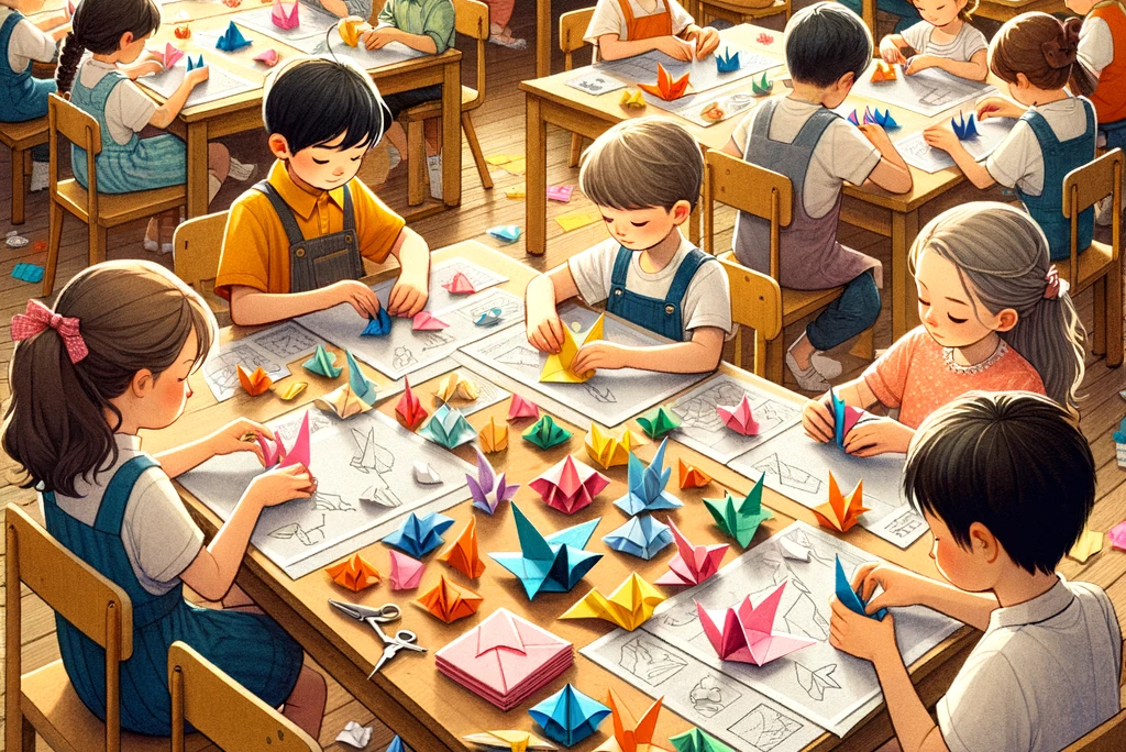 Kreslený barevný obrázek, na kterém jsou děti sedící kolem několika stolečků a vyrábí papírové lodičky různých barev.