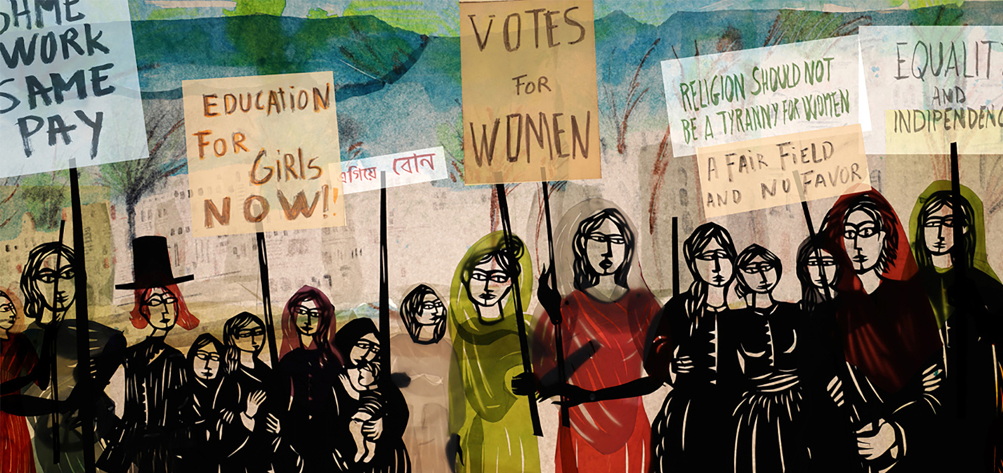 Kreslené postavy žen, které stojí v davu a drží transparenty za práva žen.
