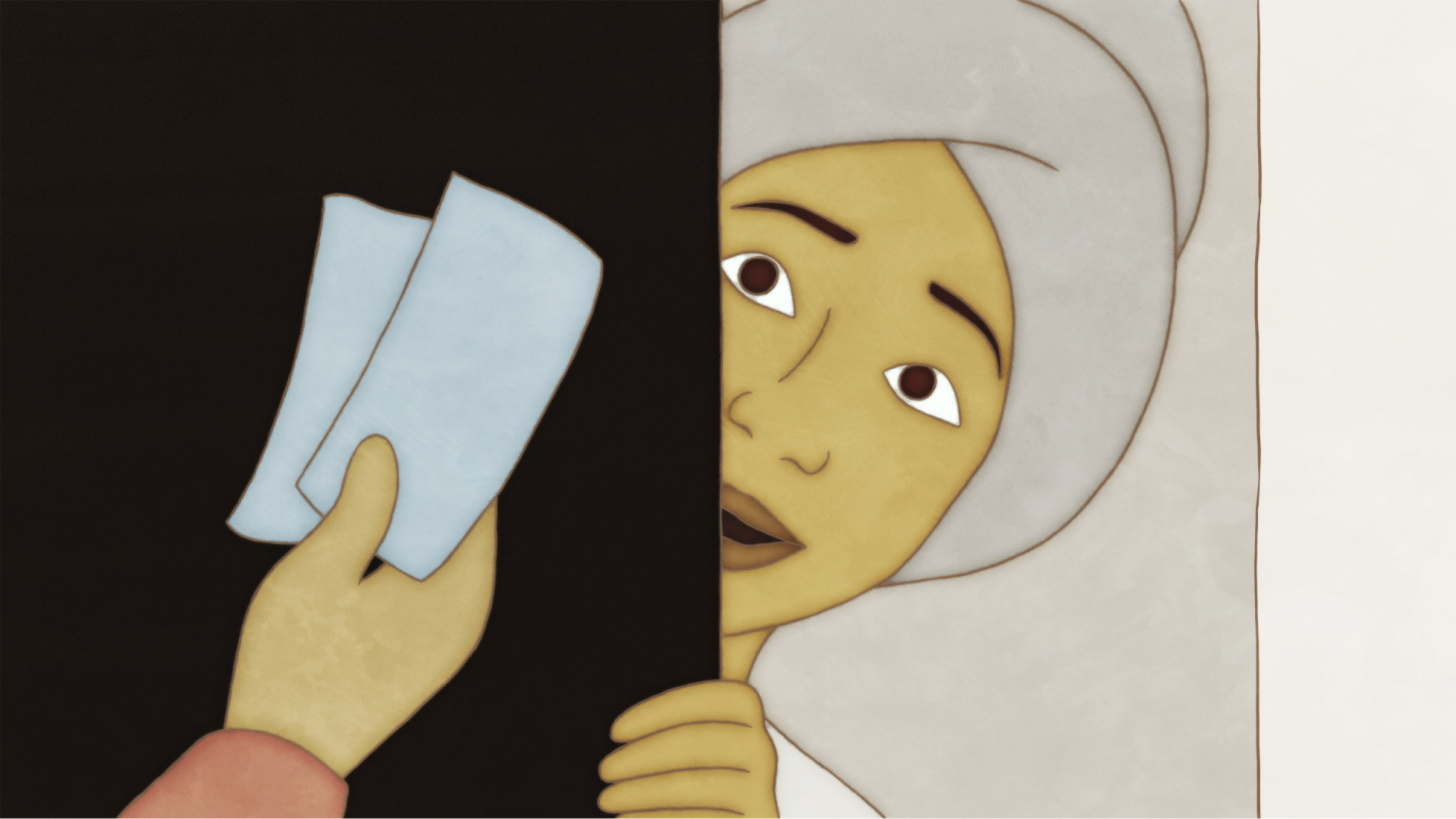 Záběr z animovaného filmu. Ruce, které drží dva papírky. Za dveřmi stojí člověk a kouká na ně.