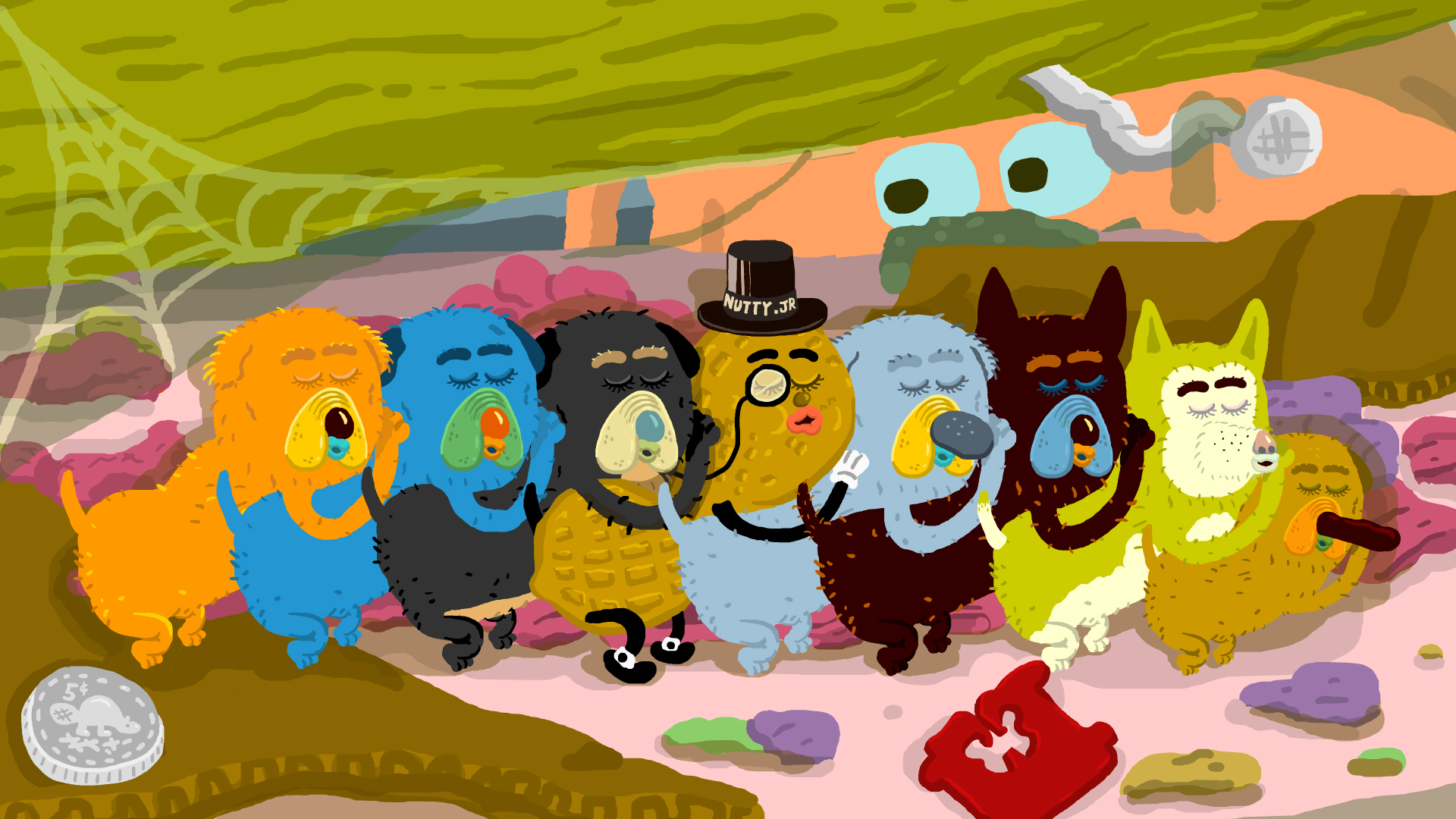 Barevná ilustrace skupiny malých chlupatých, fantazijních tvorů ležících vedle sebe v řadě se zavřenýma očima. Každý má jinou barvu a tvar, jeden nosí cylindr a monokl. Scéna působí hravě a odehrává se v nepořádku plném drobků, drobných předmětů a pavučin.