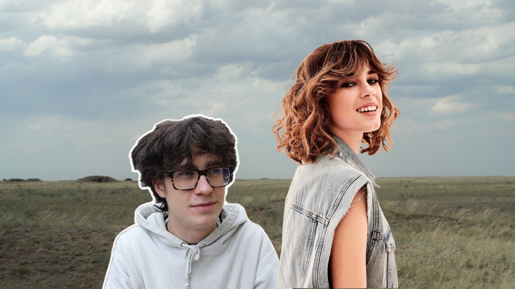 Koláž z fotek dvou osob, za nimi je louka a zamračené nebe.