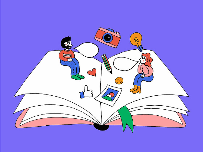 Jak proměnit dokument ve společenskou změnu? Grantová výzva Storytelling nadačního fondu Abakus jde do finále Jednosvětí agent said: Jednosvětí agentIlustrace dvou postav sedících na otevřené knize, které spolu komunikují pomocí prázdných bublin. Kolem nich se vznášejí symboly tvořivosti, jako fotoaparát, tužka, žárovka a obrázek, které naznačují vyprávění příběhů.