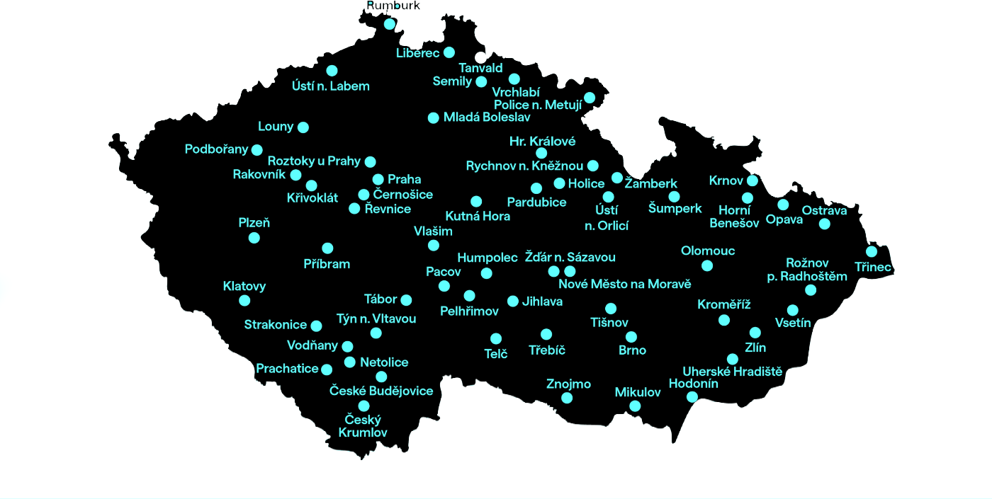 Mapa České republiky s vyznačenými městy, kde se koná filmový festival Jeden svět 2026.